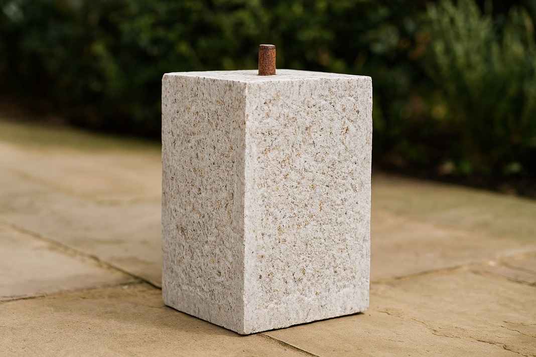 Straight-square granite staddle stone with central steel pin