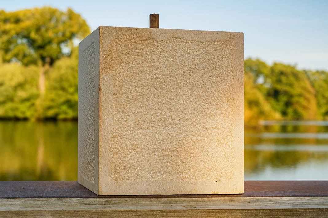 Straight-square sandstone staddle stone with central steel pin