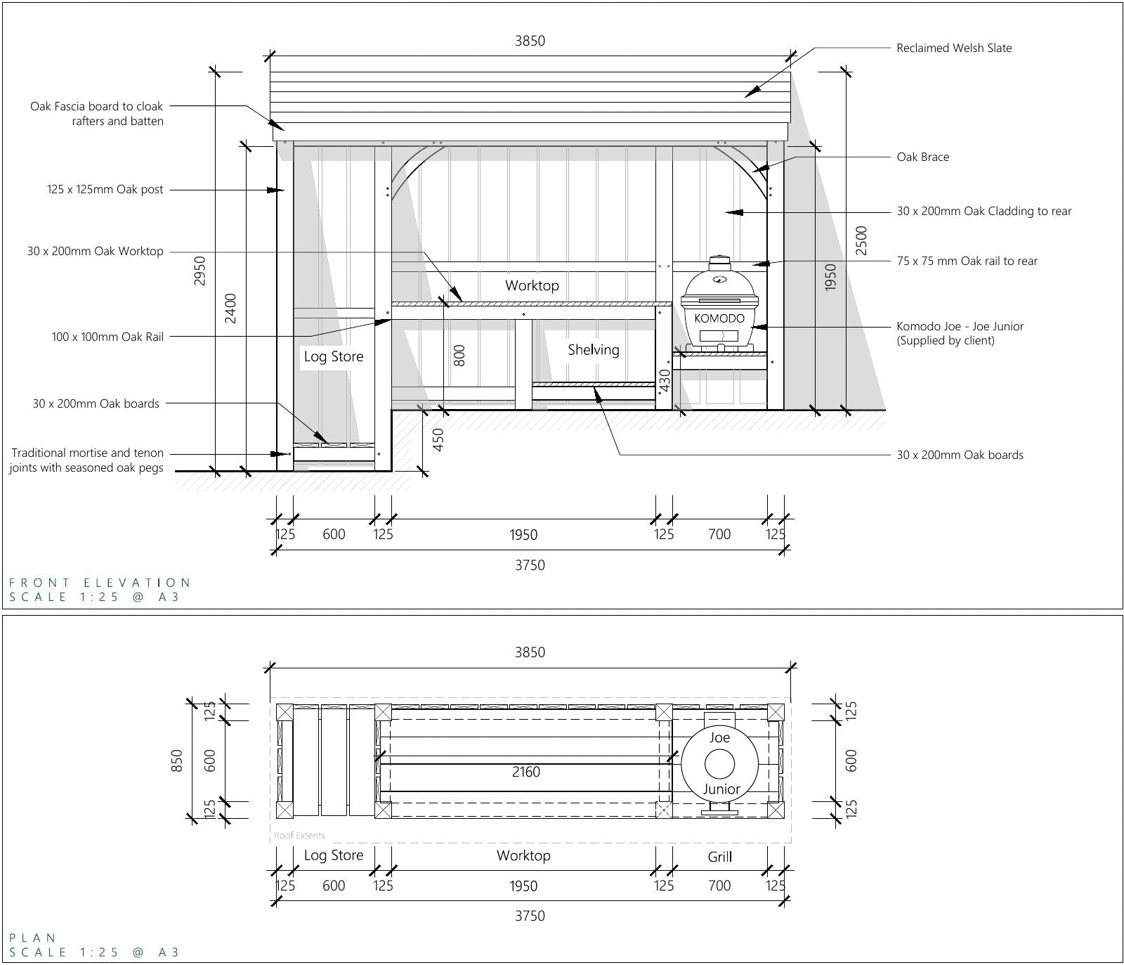 Front elevation and plan drawing for a bespoke oak outdoor kitchen and BBQ shelter