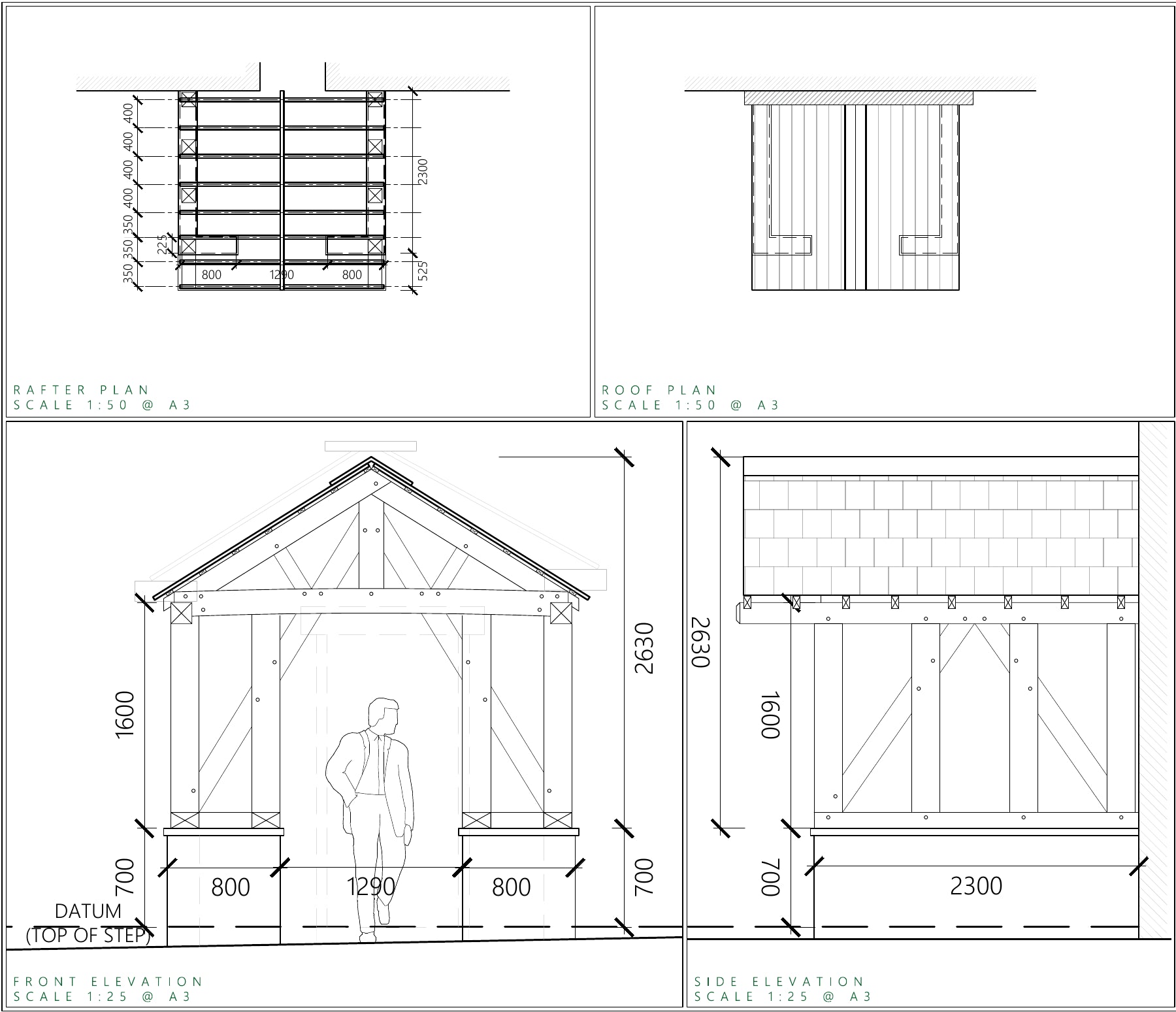 Bespoke oak porch sketch showing dimensioned front and side elevations, roof plan and rafter layout against an existing property
